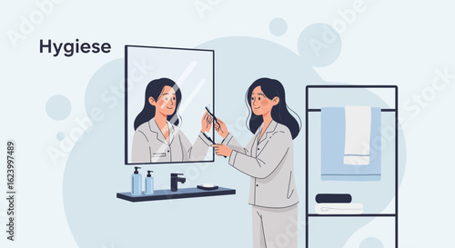 Woman Brushing Teeth In Bathroom For Daily Hygiene Routine Concept
