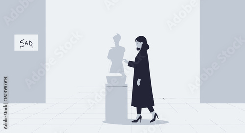 Woman Confronting Grief In A Minimalist Art Gallery Exhibition