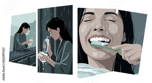 Woman Daily Routine: Face Washing, Hand Disinfection And Teeth Cleaning