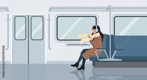 Woman Listening To Music During Her Morning Commute On The Subway