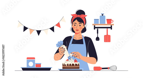 Woman Decorating Delicious Cake With Cream For Holiday Celebration At Home