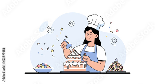 Woman Decorating Tiered Cake With Cream Chef Demonstrating Culinary Art