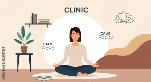 Woman Meditating In A Peaceful Scene Represents Tranquility And Wellbeing