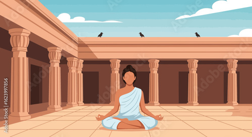 Woman Meditating In A Serene Ancient Courtyard With Birds Watching Over