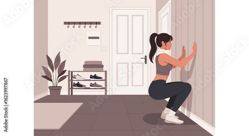 Woman Doing Wall Sit Exercise At Home For Strength And Endurance Training