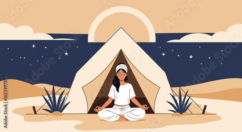Woman Meditating In Nature Under Night Sky And Tent Illustration