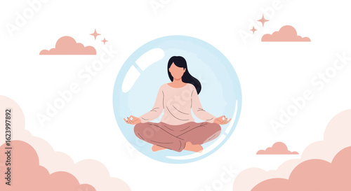 Woman Meditating In Protective Bubble For Stress Relief And Mental Health