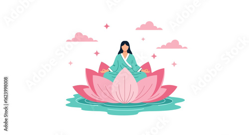 Woman Meditating Peacefully On a Pink Lotus Flower Lake For Mind Balance