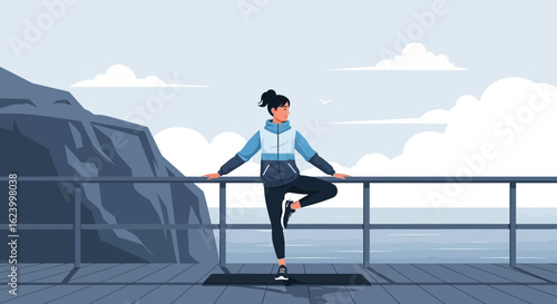 Woman Doing Yoga on Pier with Peaceful Ocean View for Wellness Retreat