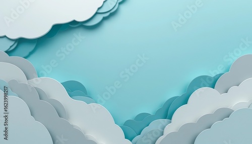 Abstract paper cut background with negative space, layered smooth and organic shapes, cool tones (turquoise, light gray, sky blue)