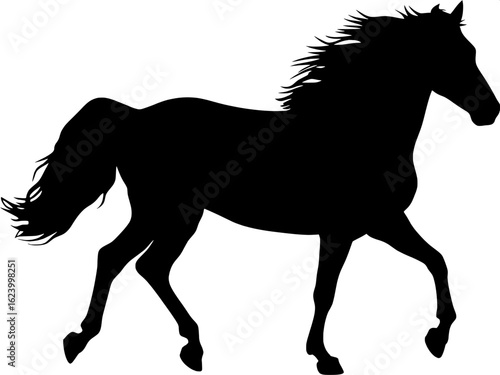 "A black silhouette of a horse shown in a dynamic, right-facing side view. Its powerful stride and windswept mane convey movement and freedom. The background is stark white, enhancing the contrast and