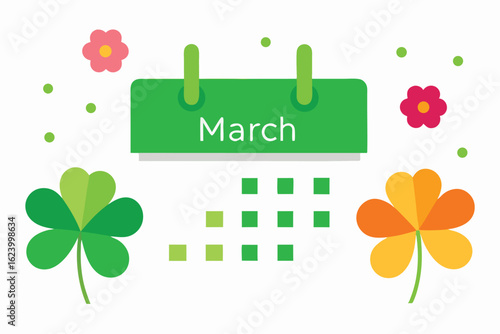 spring march clipart with calendar  clovers  and f (1).eps