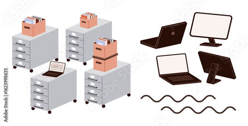 Metal file cabinets with documents, laptops, and screens, emphasizing organization, digital workspace, business, data, productivity office workflow minimal storage. Ideal for professional