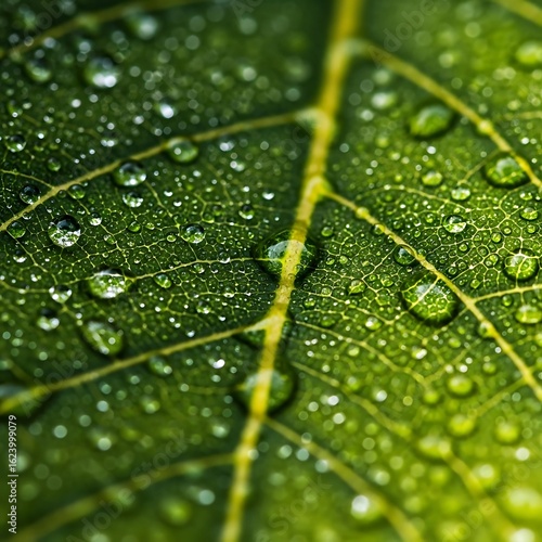 Dew Drops on Fresh Green Leaf Macro