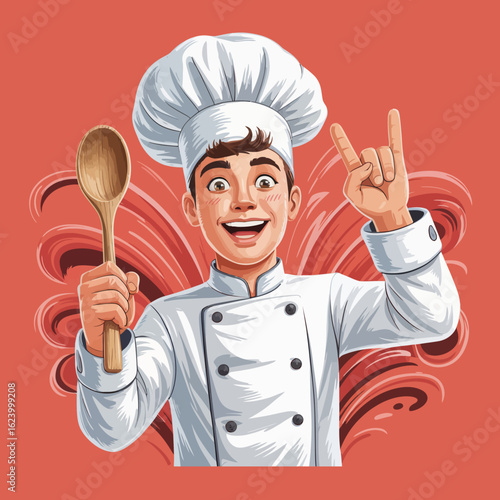 A lively young chef brandishes a spoon in one hand and makes a rock gesture, radiating enthusiasm and warmth in a colorful kitchen filled with excitement and energy.
