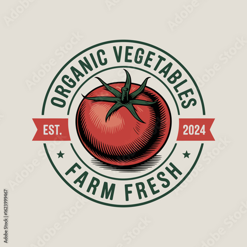 An eye-catching logo highlighting a plump tomato at the center, emphasizing organic farming principles and portraying the essence of fresh, farm-to-table vegetables.