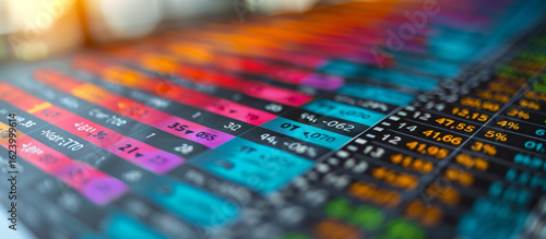 Stock market data displayed on screen, fluctuating prices, office background, investment analysis