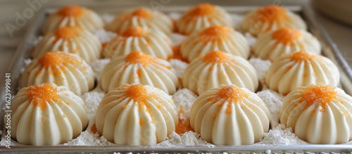 Steamed buns with topping on tray, kitchen prep
