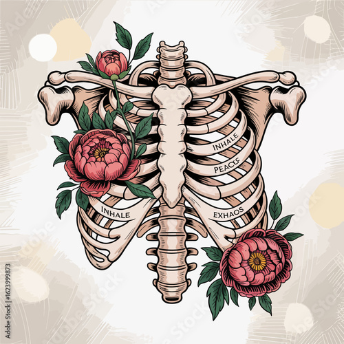 An artistic representation of a ribcage surrounded by peonies, emphasizing the duality of inhale and exhale, peace and chaos, showcasing the interplay between life and art.
