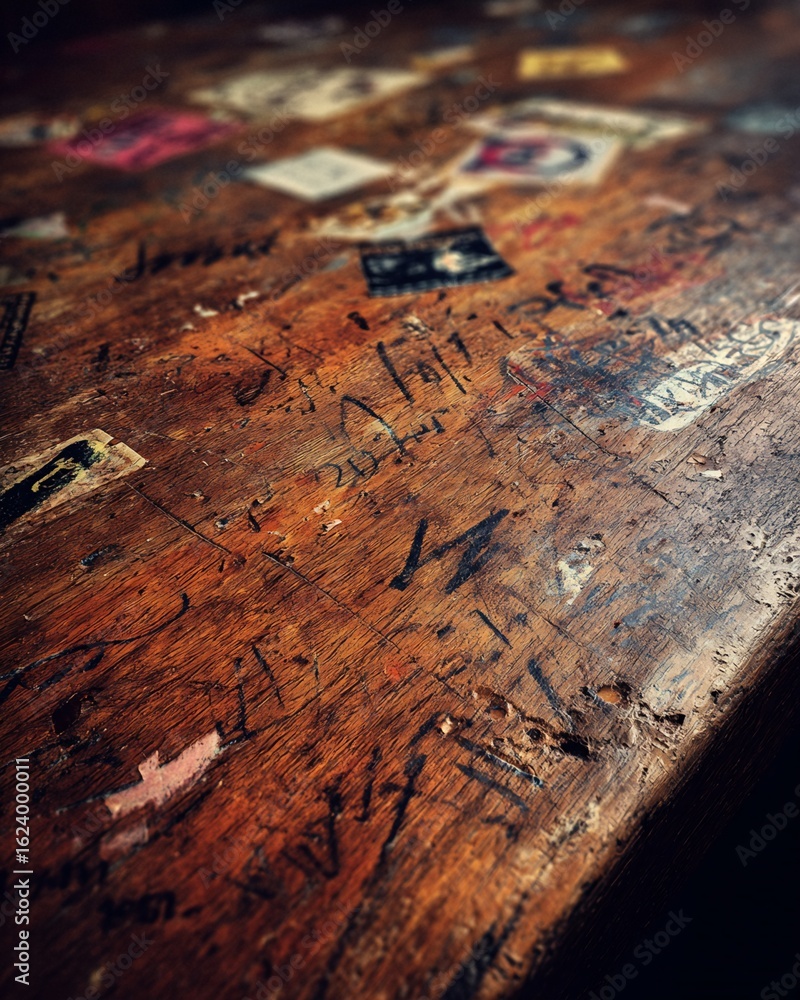Naklejka premium Graffiti-Marked Wooden Surface with Affixed Stickers