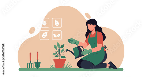Woman Taking Care Of Potted Plants On The Terrace On A Sunny Day