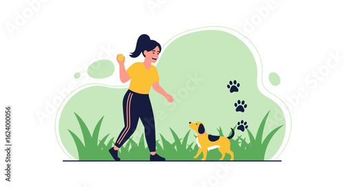 Woman Playing Fetch With Her Dog Outdoors In A Park Vector Illustration
