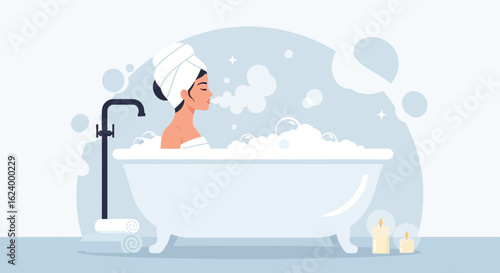 Woman Taking Relaxing Bath With Bubbles After a Long Day at Work