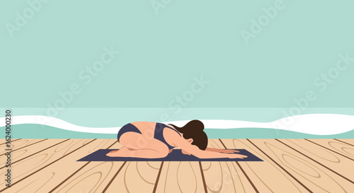 Woman Practicing Child's Pose Yoga On Wooden Pier In Ocean Setting