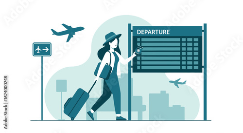 Woman traveling with luggage, at airport departure terminal for international tour