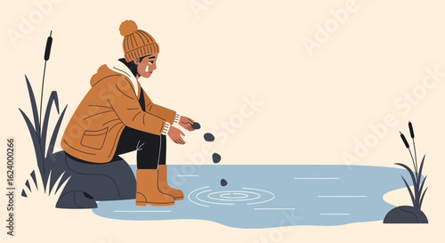 Woman Throws Stones Into Water Illustration For Conceptual Solitude