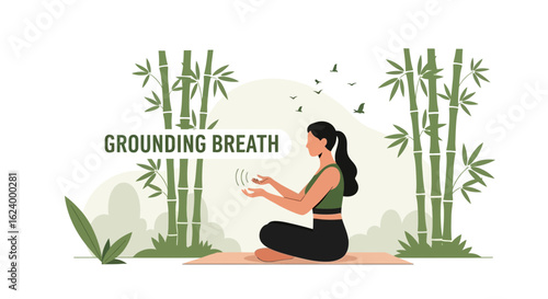 Woman Practicing Grounding Breath Meditation Technique Among Bamboo Forest