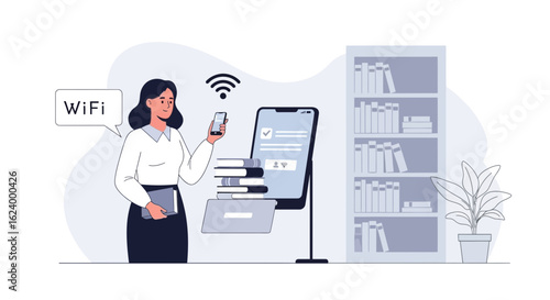 Woman Using Library Wifi And Mobile Technology In Bookstore Or Information Center