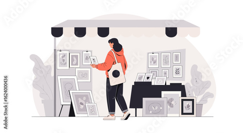 Woman Visiting An Outdoor Art Market During A Fine Day