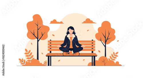 Woman Practicing Mindfulness Meditation on Park Bench in Autumn Scene