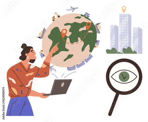 Woman interacting with laptop, pointing at map with location markers, buildings, airplanes, trucks, and magnifier highlighting eye icon. Ideal for logistics, travel, globalization analysis