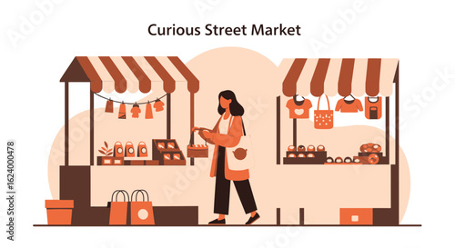Woman Visits A Local Artisan Street Market With Stalls And Handmade Goods