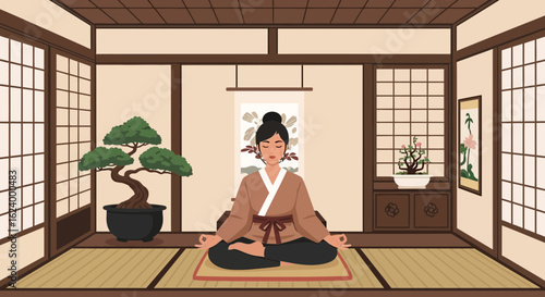 Woman Practicing Mindfulness Meditation In Tranquil Japanese Room Interior