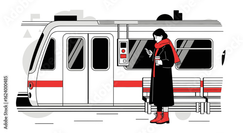 Woman Waiting For A Subway Train Using Her Phone On The Station Platform