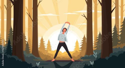 Woman Practicing Morning Yoga Outdoors In Forest Clearing At Sunrise