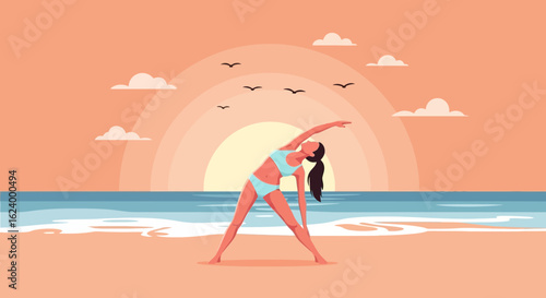 Woman Practicing Morning Yoga On The Beach At Sunrise