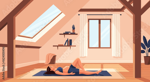 Woman Practicing Relaxation Techniques In Her Attic Room With Sunlight