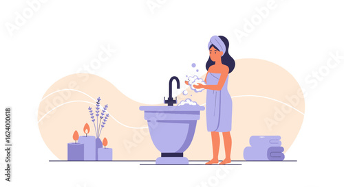 Woman Washing Hands In A Serene Bathroom Setting For Healthy Hygiene