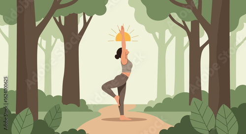 Woman Practicing Tree Pose Yoga In A Forest With Sunlight Morning
