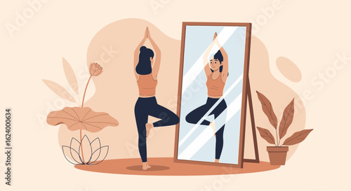 Woman Practicing Tree Pose Yoga In Front Of Mirror For Self Reflection