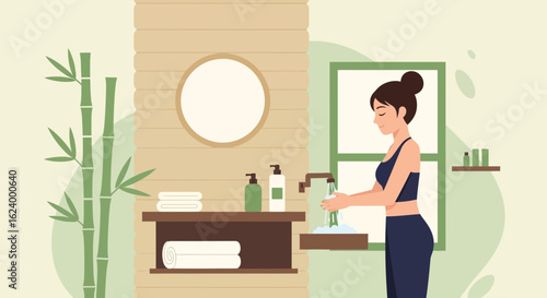 Woman Washing Hands In Minimalist Bathroom With Bamboo Accents And Natural Light