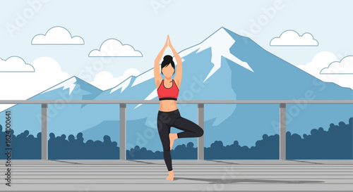 Woman Practicing Tree Pose Yoga With Mountain Scenery In The Background