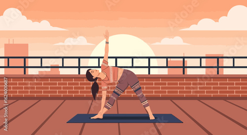 Woman Practicing Triangle Pose Yoga Asana On Rooftop At Sunset Serenity