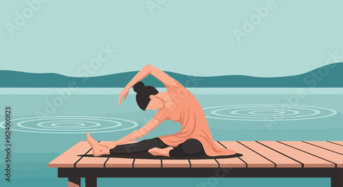 Woman Practicing Yoga Asana At The Pier Stretching And Relaxation
