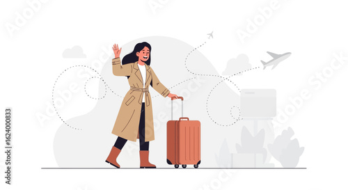 Woman With Luggage Waving Goodbye Vacation Travel Flight Abroad Concept