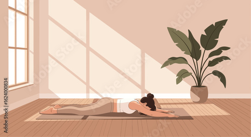 Woman Practicing Yoga Asana In A Light Filled Room With A Plant
